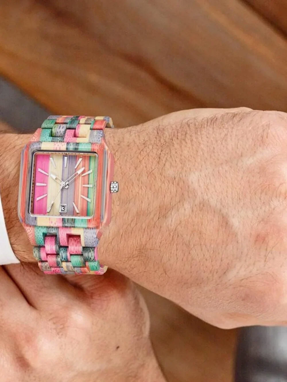 Men's Watch Colorful Multi Wooden Square Handmade Analog Dial Quartz Wristwatch
